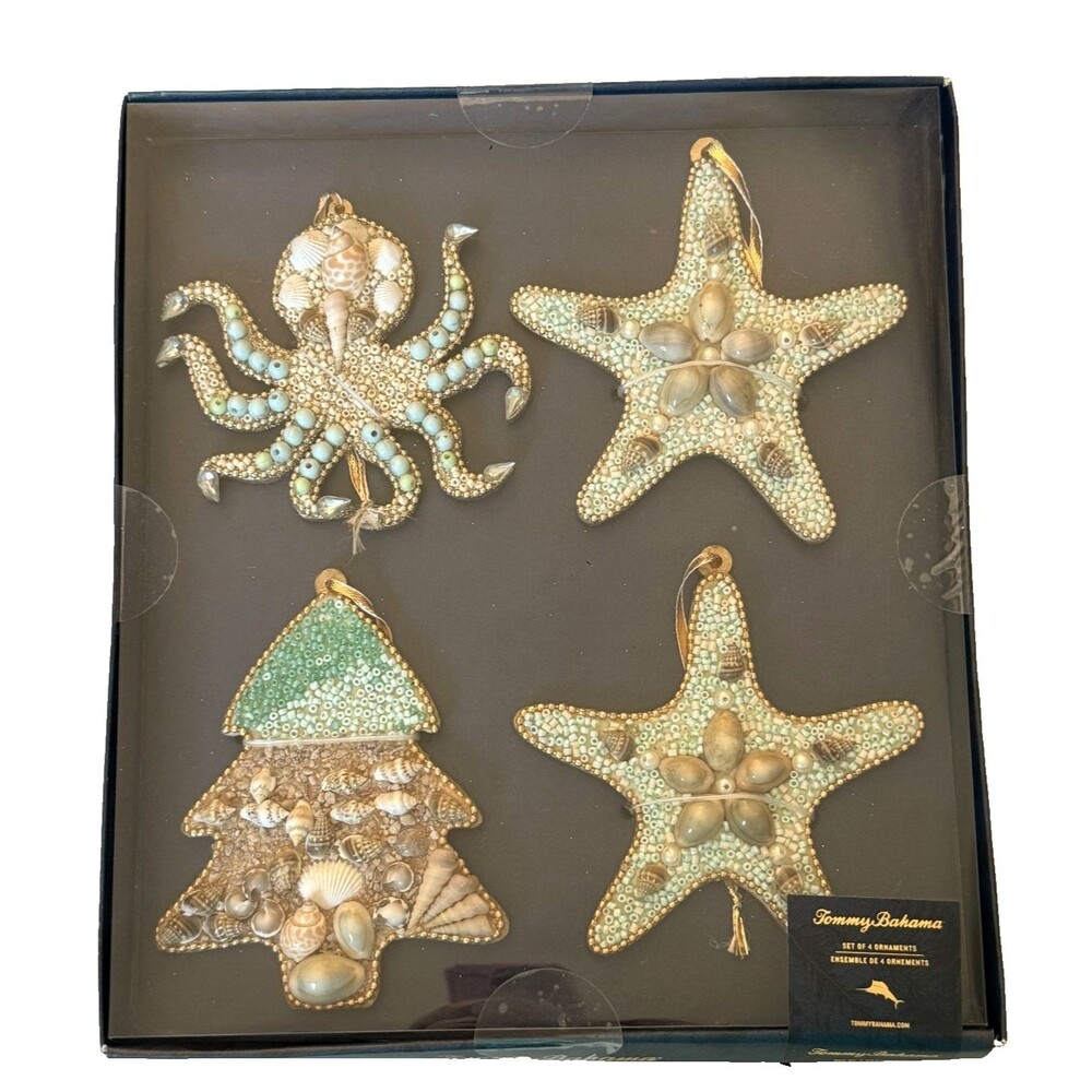Tommy Bahama Christmas Ornaments Tree Octopus Starfish Beaded Blue Silver Shells